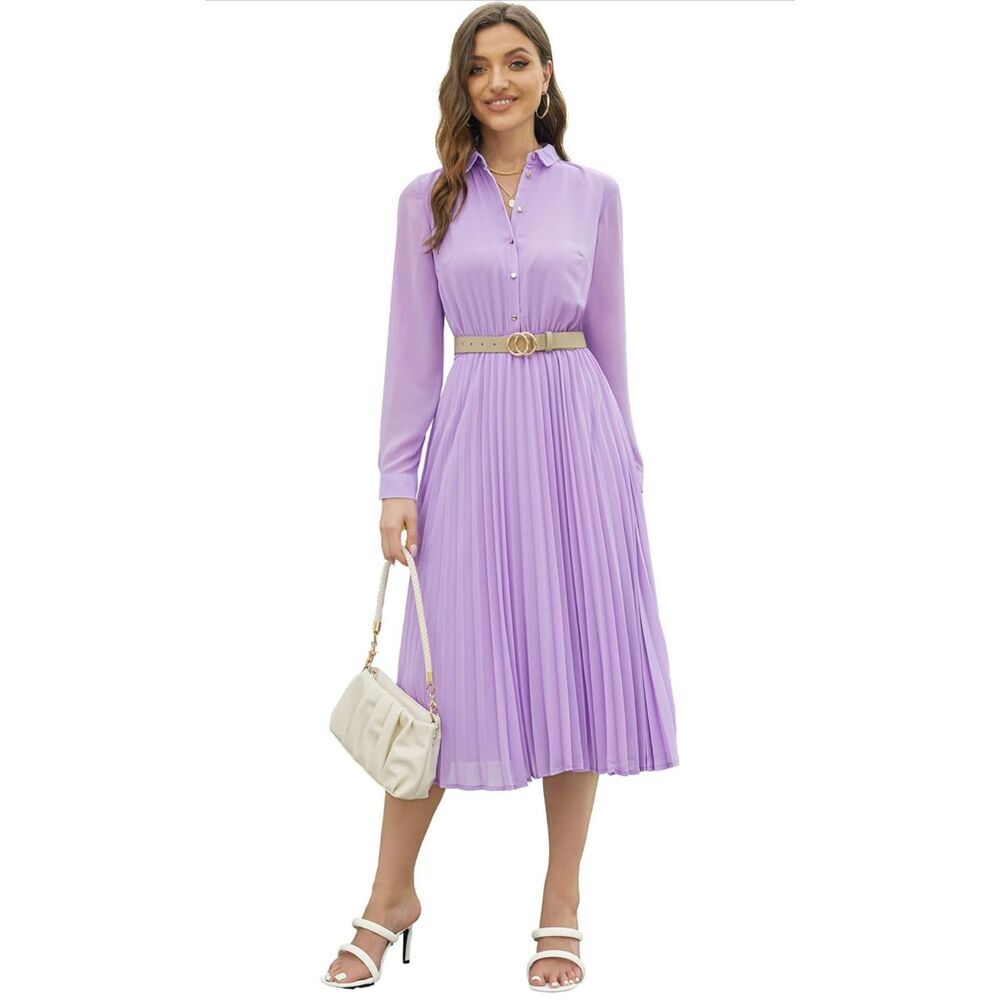 NEW Lilac Career Shirt Dress Long Sleeve Pleated Midi Dress NO Belt S